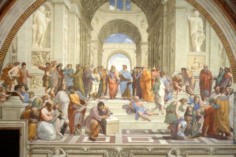 La scuola di Atene, affresco di Raffaello Sanzio nella Stanza della Segnatura nei Musei Vaticani