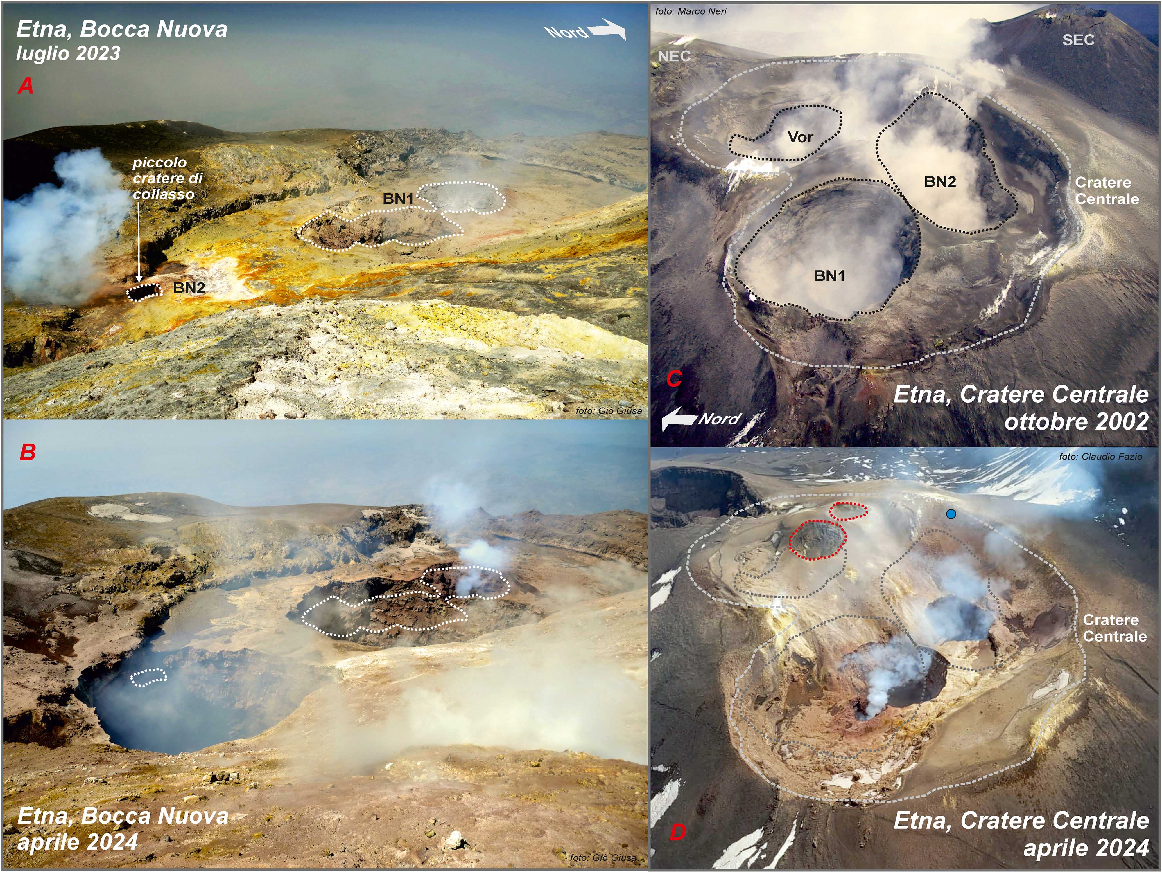 Vista panoramica da terra (A-B) e da elicottero (C-D) dei crateri sommitali dell’Etna. A sinistra, la Bocca Nuova ripresa nel luglio 2023 (A) e a metà aprile 2024 (B). A destra, il Cratere Centrale ripreso in ottobre 2002 (C) e in aprile 2024 (D), con le sue bocche interne Voragine (Vor) e Bocca Nuova (BN1 e BN2). SEC= Cratere di Sud-Est; NEC= Cratere di Nord-Est. Il pallino blu in D indica il punto di ripresa delle fotografie A e B. Credits: foto A e B, Giò Giusa; foto C: Marco Neri; foto D: Claudio Fazio.