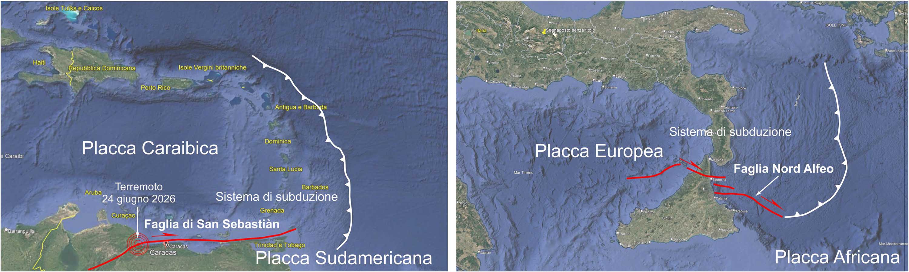 Confronto tra il sistema di subduzione caraibico in America latina e quello Ionico in Sicilia. Le linee in rosso rappresentano faglie di margine di subduzione
