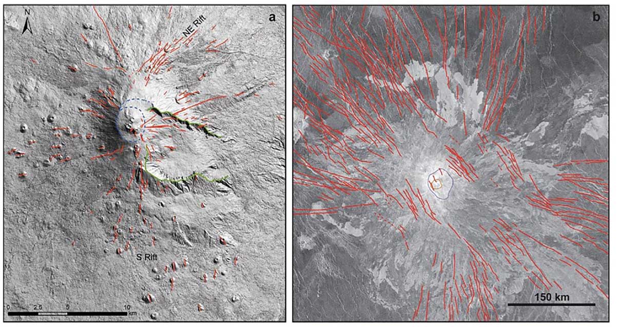 Nella figura, tratta dalla pubblicazione, un confronto tra le zone di rift dell’Etna (a sinistra) e di Iunn Mons (a destra)