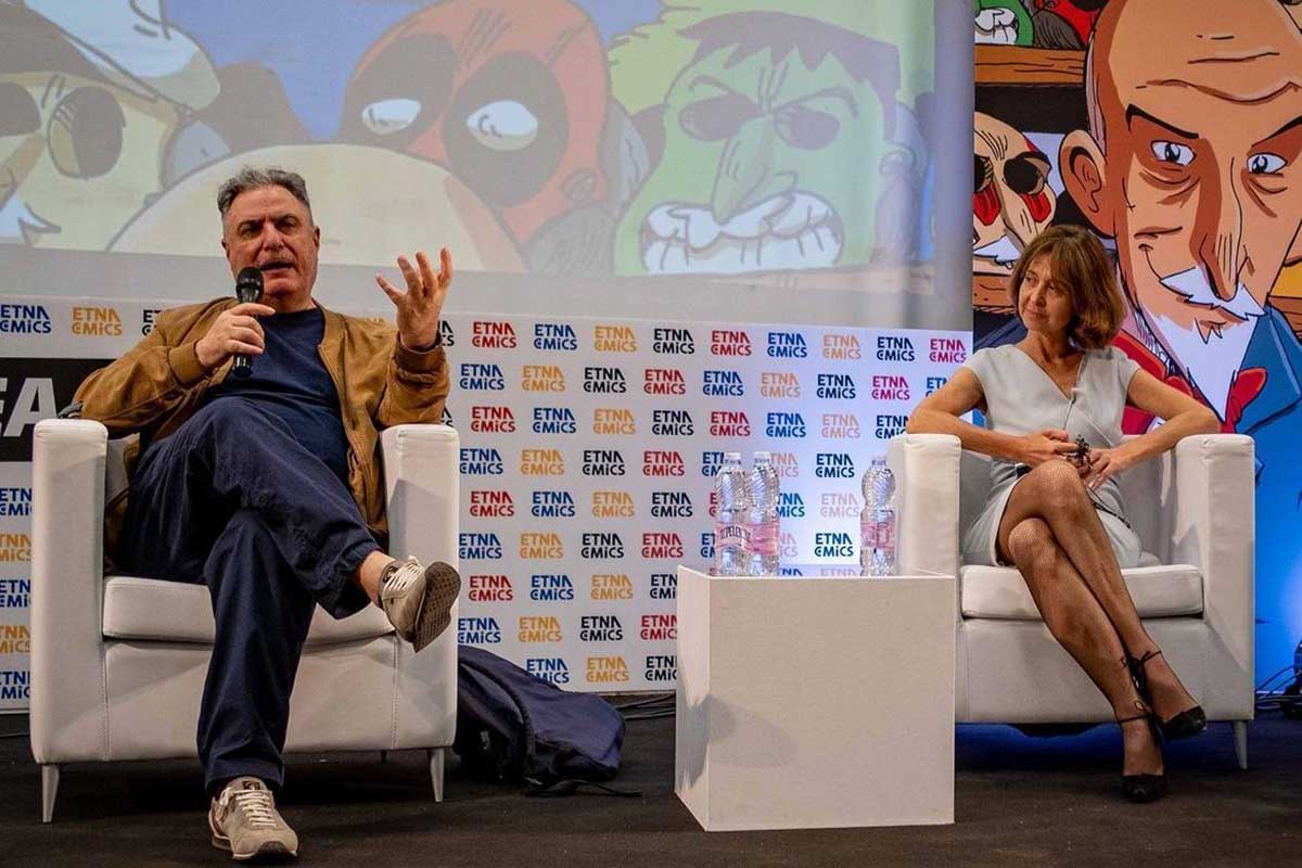 Igort e la produttrice Marina Marzotto durante l’intervista nell’area movie di Etna Comics