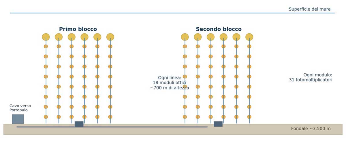Schema semplificato di KM3NeT-ARCA: due blocchi di linee di rivelazione sul fondale e collegamento alla stazione di terra. Elaborazione originale su dati della Collaborazione KM3NeT