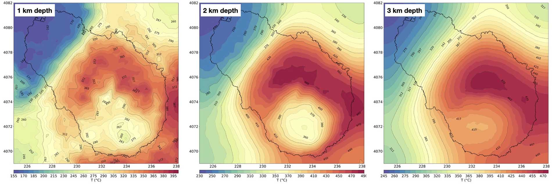 Mappe di temperatura derivate tramite le simulazioni numeriche riferite alla distribuzione del calore a profondità di uno, due e tre chilometri dal piano campagna