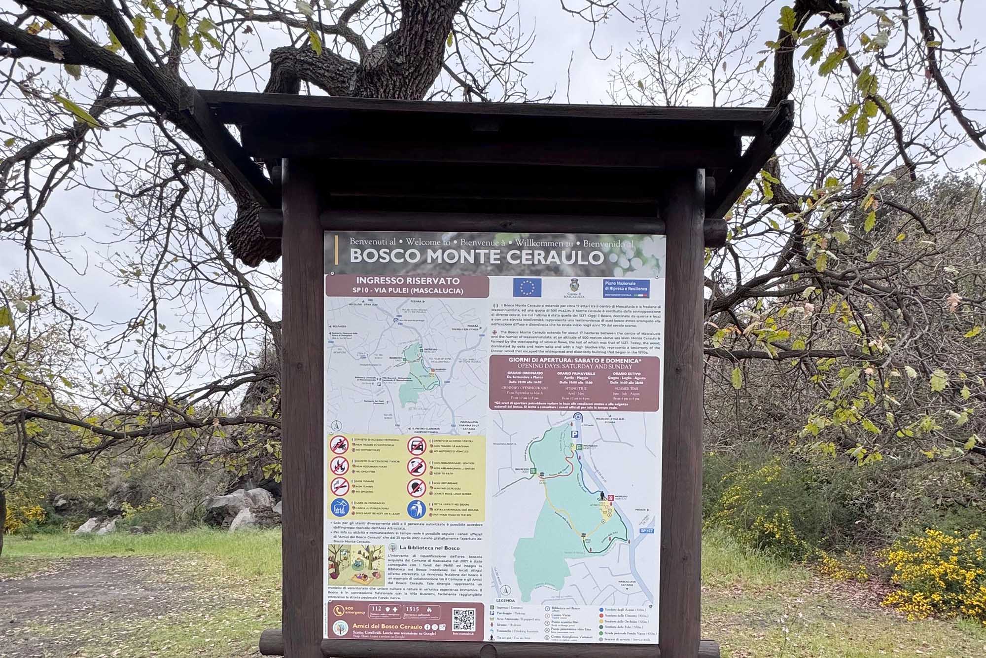 L'ingresso al Bosco Monte Ceraulo di Mascalucia
