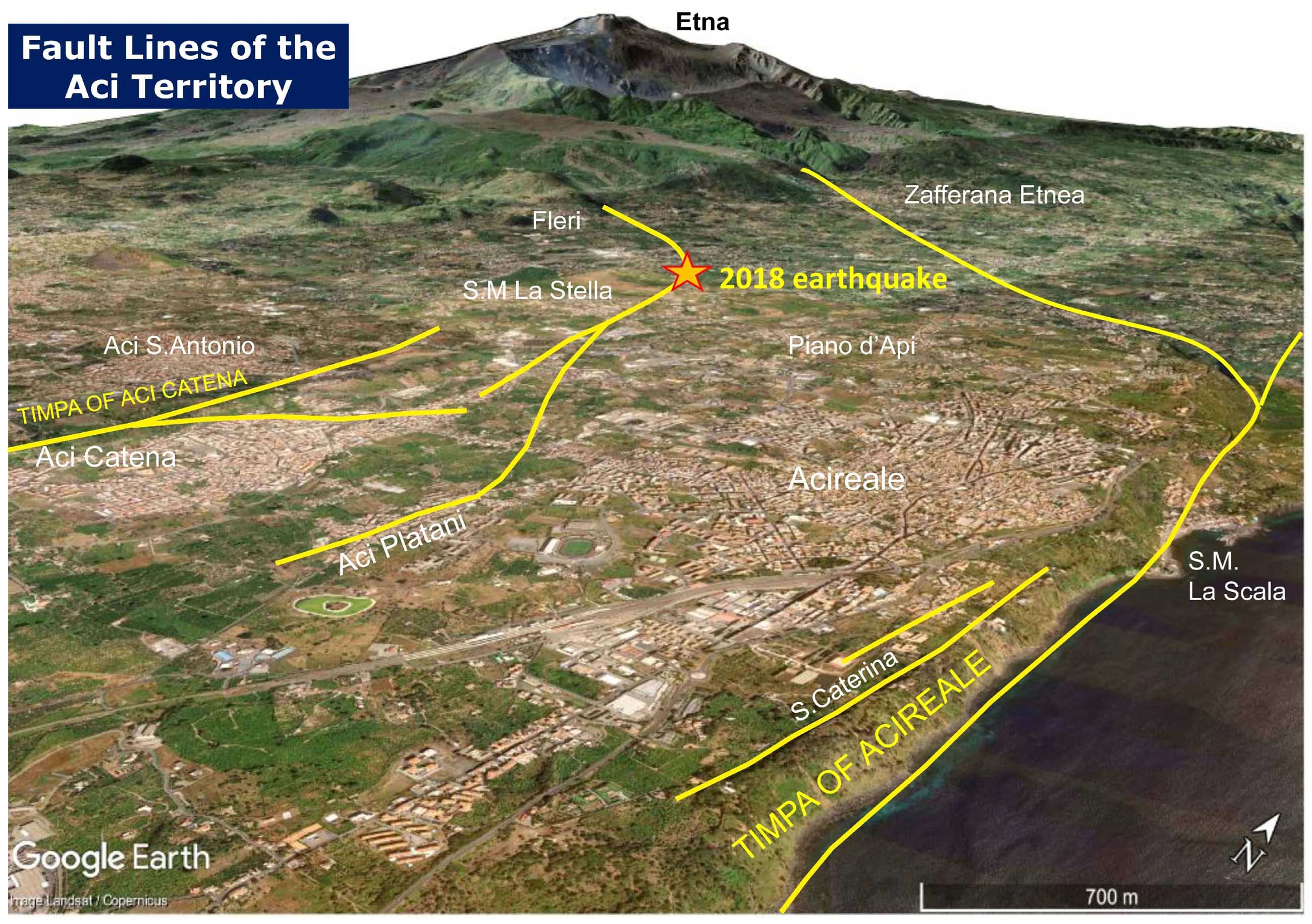 Faglie attive e capaci del territorio degli Aci. La stella indica l'epicentro del terremoto del 26 dicembre 2018, che ha causato danni significativi, in particolare nei comuni di Acireale e Zafferana Etnea