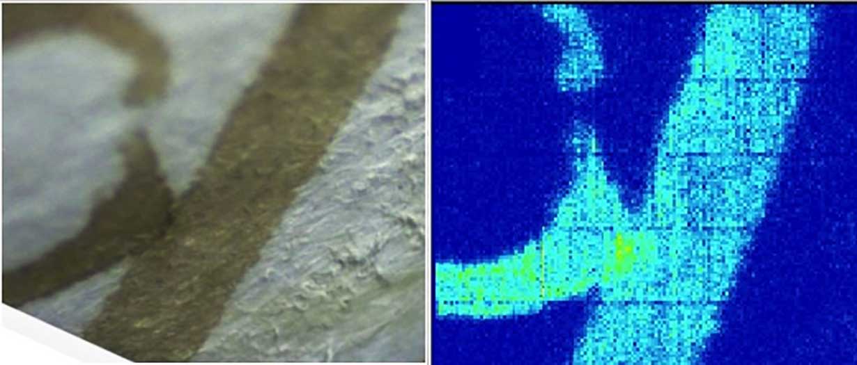 In foto a sinistra un particolare di una parte scritta della bolla, confrontata con la distribuzione della presenza del ferro, indicata dai punti di colore azzurro, misurata con i metodi IBA (a destra nella foto). Si nota come l’inchiostro sia ricco di tale elemento che, inoltre, non si diffonde fuori dalla traccia