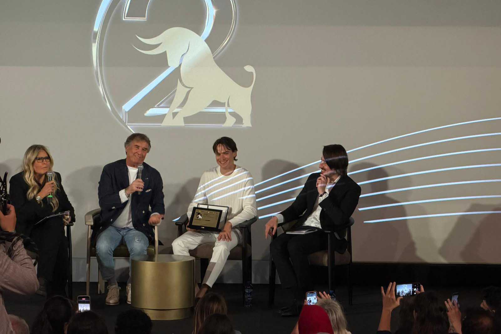 Un momento della Masterclass con Bruno Cucinelli, Saul Nanni e Tiziana Rocca al Taormina film Festival