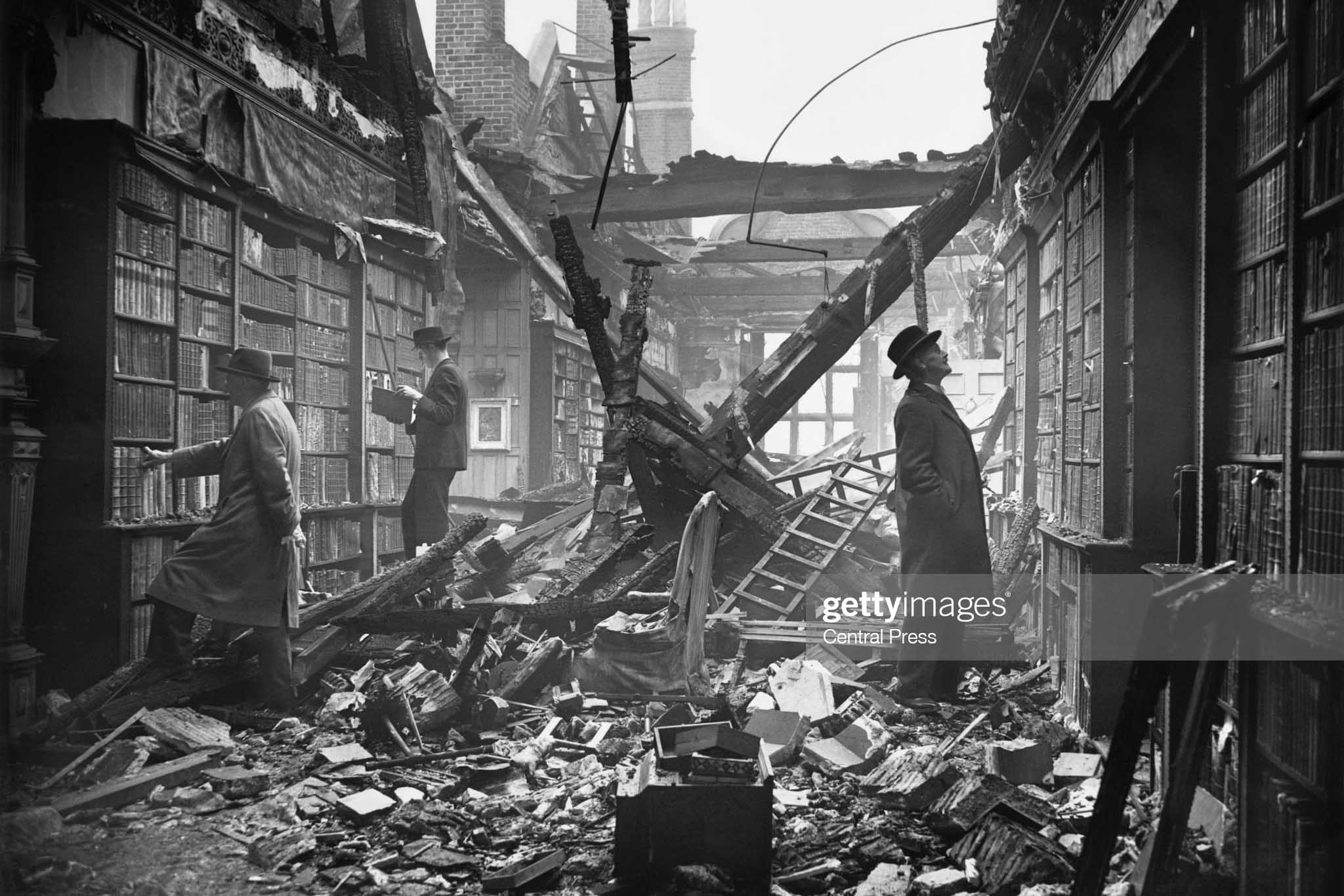 The library at Holland House in Kensington, London, extensively damaged by a Molotov 'Breadbasket' fire bomb, 23rd October 1940. (Photo by Central Press/Hulton Archive/Getty Images)