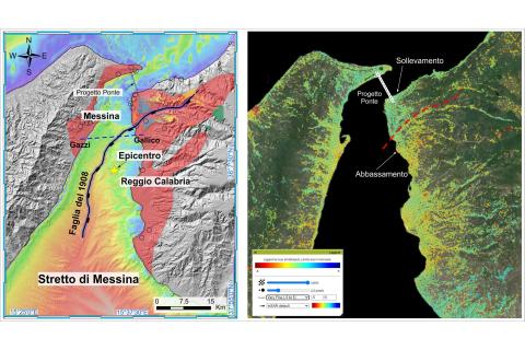 Confronto tra la faglia responsabile del terremoto del 1908 mappata lungo l’asse dello Stretto di Messina ed in Calabria meridionale (Barreca et al., 2021 – a sinistra) e i dati satellitari sul movimento del suolo (azzurro-sollevamento, rosso-abbassamento, a destra) nell’area dello Stretto di Messina. In Calabria, il limite sollevamento/abbassamento (a tratteggio in rosso) corrisponde al segmento di faglia attiva mappata nello studio del 2021.  