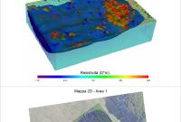 Risultati preliminari relativi all’area 1: esempio di una sezione 2D di resistività; modello 3D di resistività del sottosuolo; localizzazione del modello di resistività 3D ottenuto al di sotto dell’area indagata